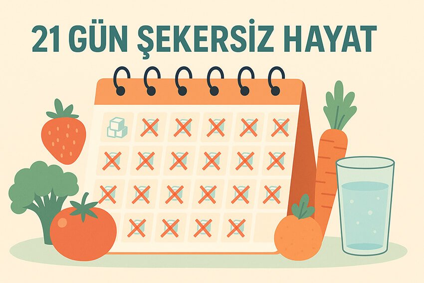 21 Gün Şekersiz Hayat’ başlıklı, 21 gün X işaretli takvim ve etrafında çilek, brokoli, domates, havuç, portakal ile su bardağı bulunan sağlıklı yaşam illüstrasyonu.