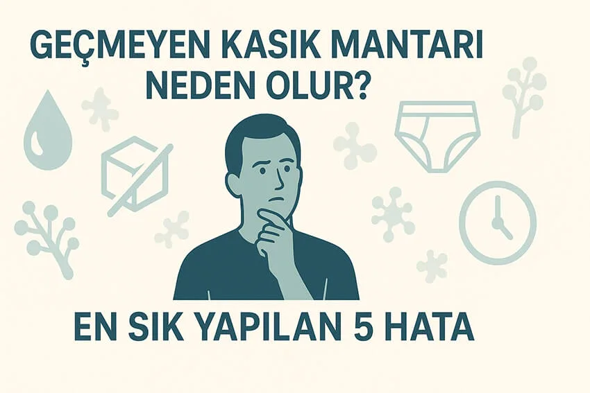 Üstte ‘Geçmeyen Kasık Mantarı Neden Olur?’ ve altta ‘En Sık Yapılan 5 Hata’ başlıklarıyla 16:9 formatında tasarlanmış bir görsel. Ortada elleri çenesinde düşünceli bir erkek illüstrasyonu yer alıyor; etrafında nem damlası, şeker kutusu, iç çamaşırı, saat ve mantar ikonları yaygın hataları simgeliyor.