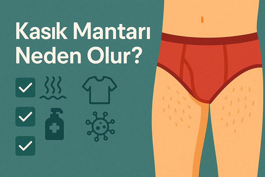 Kasık mantarının nedenlerini gösteren illüstrasyon: kontrol listesi ve kasık bölgesi çizimi