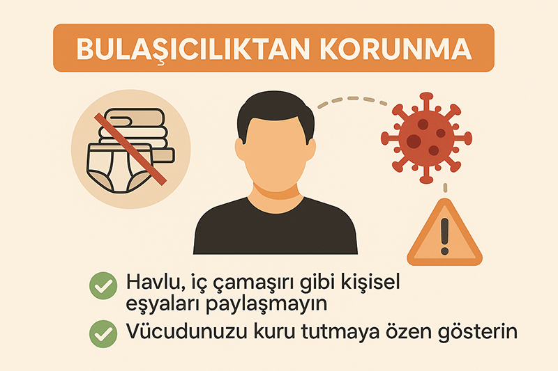 Kasık mantarının bulaşmasını önlemek için alınabilecek hijyen önlemlerini anlatan Türkçe infographic; kişisel eşya paylaşmama ve kuru kalma önerileri içeriyor.