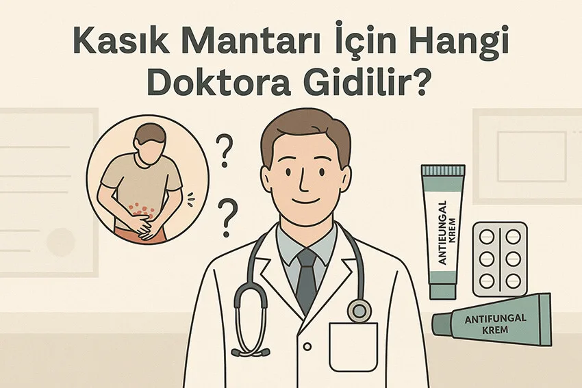 Kasık Mantarı İçin Hangi Doktora Gidilir? Kasık mantarı için hangi doktora gidileceğini anlatan doktor ve hasta illüstrasyonu