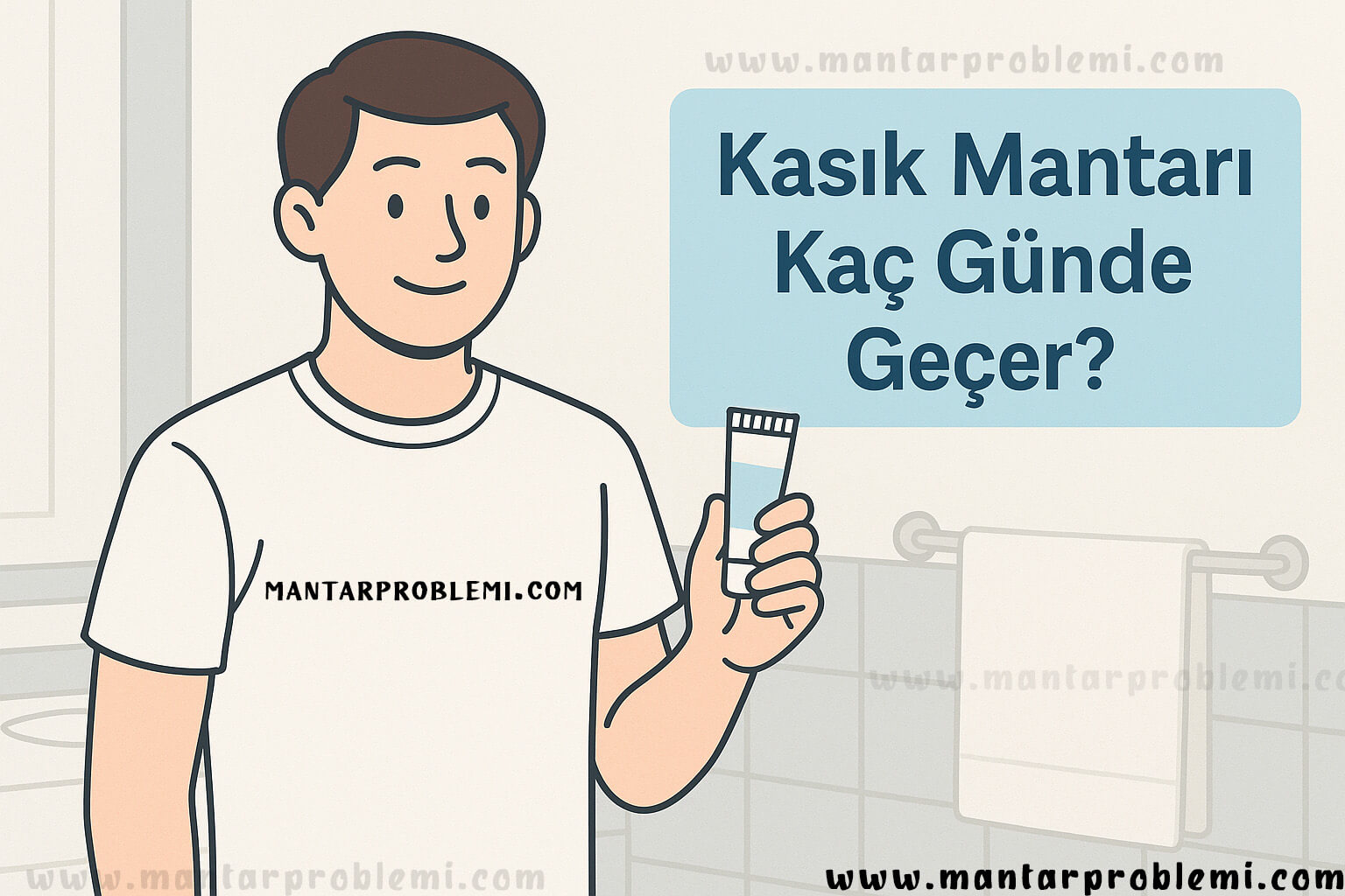 Kasık mantarı tedavisi için krem tutan çizim karakter ve yanında ‘Kasık Mantarı Kaç Günde Geçer?’ yazısı bulunan bilgilendirici illüstrasyon.
