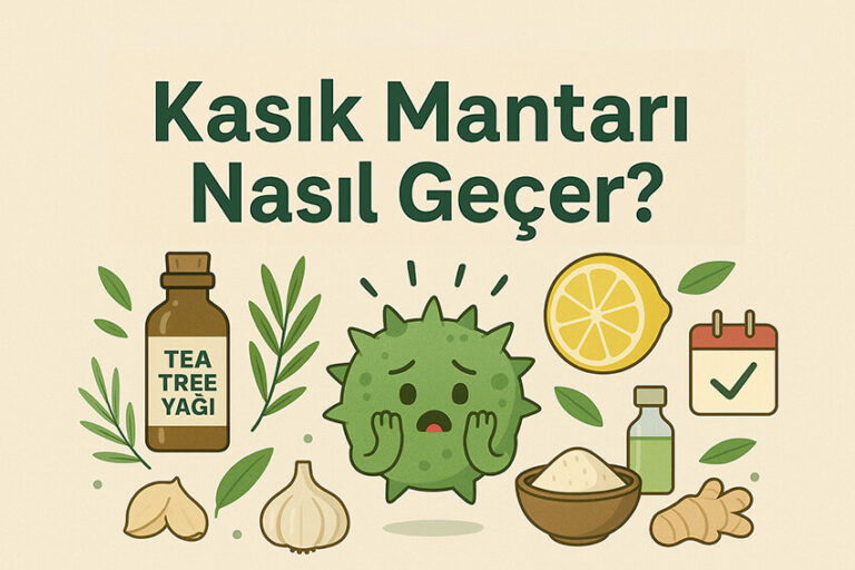 Kasık mantarı nasıl geçer sorusuna cevap veren 7 doğal yöntemi simgeleyen infografik, ortada korkmuş bir mantar mikrobu karakteri ile.