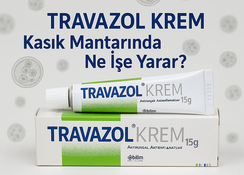 Travazol Krem kutusu ve tüpü, arka planda kasık mantarına benzeyen mikroskobik mantarlar