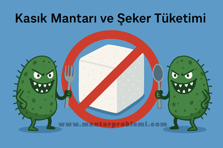 Pis pis sırıtan, çatal ve kaşık tutan iki zararlı mantar karakterin şeker peşinde olduğu çizim; şekerin mantar enfeksiyonlarını nasıl beslediğini simgeliyor
