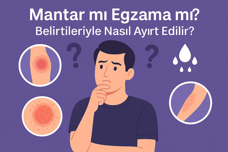 Düşünen bir erkek figürünün ortada yer aldığı, etrafında mantar ve egzama belirtilerini gösteren görseller bulunan mor arka planlı bir sağlık bilgilendirme görseli.