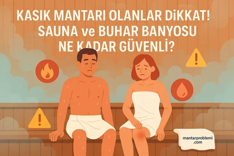 Sauna buhar banyosu ve mantar ilişkisini gösteren illüstrasyon; buharlı ortamda kasık bölgesinde rahatsızlık hisseden insanlar