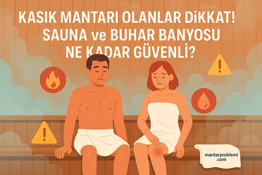 Sauna buhar banyosu ve mantar ilişkisini gösteren illüstrasyon; buharlı ortamda kasık bölgesinde rahatsızlık hisseden insanlar