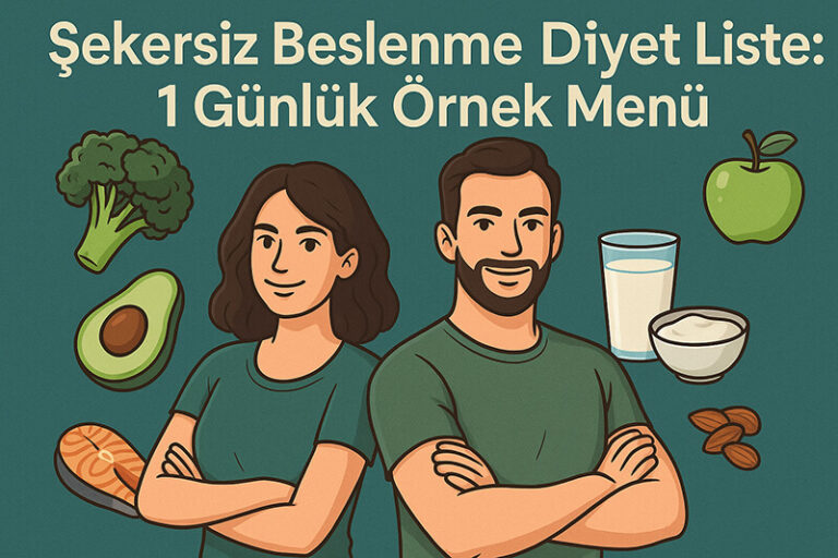 Şekersiz beslenme diyet listesi başlığı altında duran kadın ve erkek figürleri, etraflarında avokado, brokoli, somon, süt ve elma gibi sağlıklı gıdalarla birlikte.