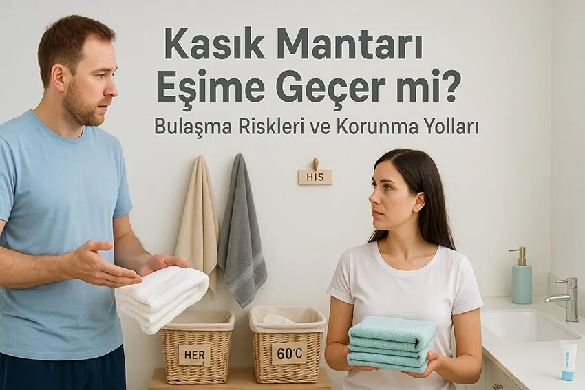 Kasık mantarı eşime geçer mi sorusuna dikkat çeken, banyoda hijyen konuşan çift illüstrasyonu